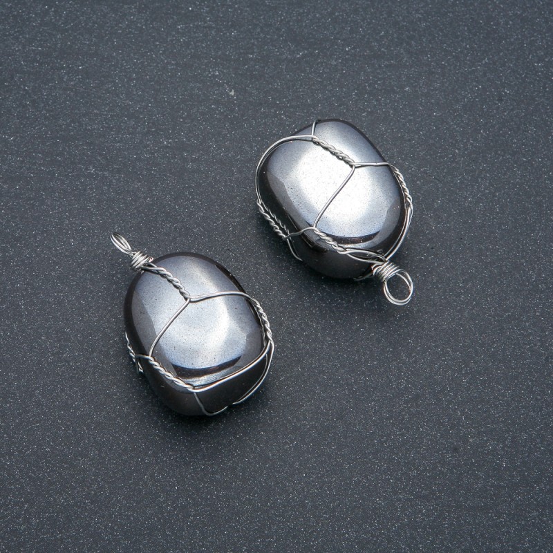 Silver-Wrapped Hematite Pendant, 30x22mm diameter+