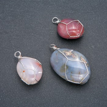Silver-Wrapped Pendant with Natural Smoky Agate, 30x22mm diameter+