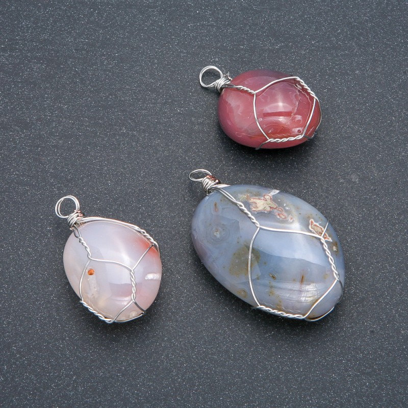 Silver-Wrapped Pendant with Natural Smoky Agate, 30x22mm diameter+