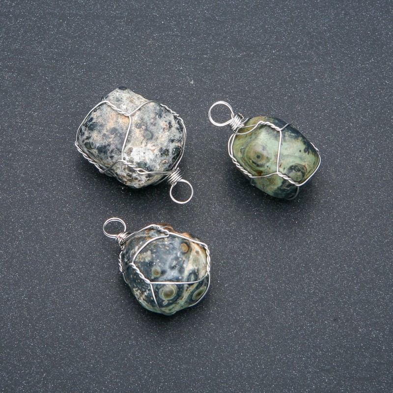 Pendant in silver-tone wire wrap made of natural Ocean Jasper, diameter 32x22mm+