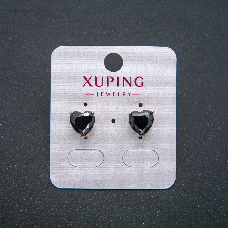 Xuping Heart Earrings, Stud Earrings, 18K Gold Plated with Black Crystal, diameter 9mm+