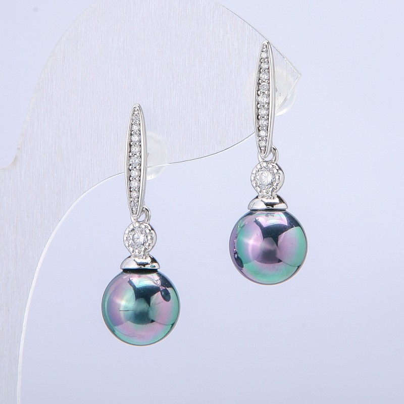 Xuping Stud Earrings, 18K Gold Plated, Black Iridescent Bead with White Rhinestones, diameter 10mm +/-, length 31mm +
