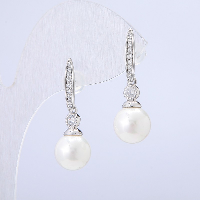 Xuping Stud Earrings 18K Gold-Plated with White Bead and White Rhinestones, Diameter 10mm +/-, Length 31mm +