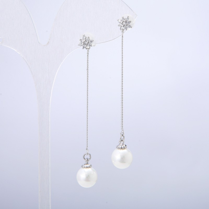 Xuping Stud Earrings, Rhodium Plated, with White Bead and White Rhinestones, diameter 8.8mm +/-, length 60mm +