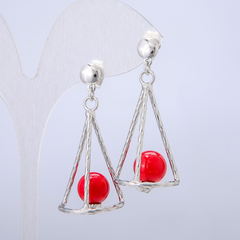 Xuping Stud Earrings, Rhodium Plated, with Red Bead, diameter 42x20mm +