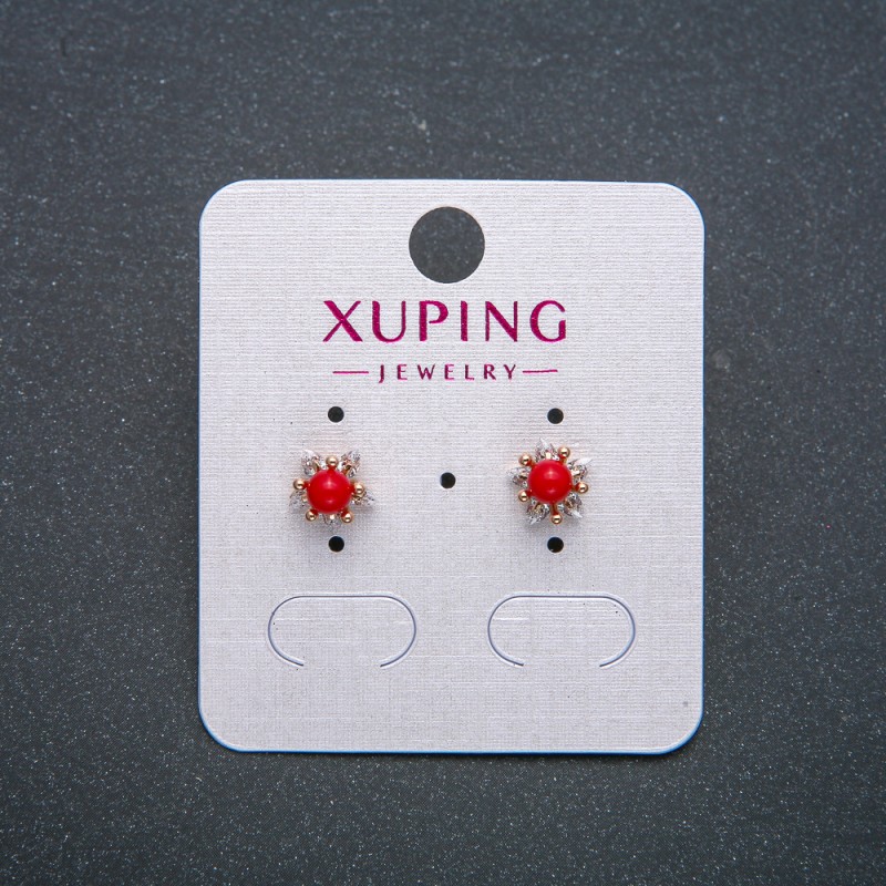 Xuping Stud Earrings 18K Gold-Plated with Red Bead and White Rhinestones, Diameter 8mm +
