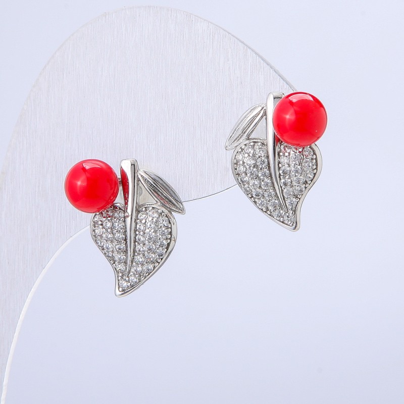 Xuping Earrings, Rhodium Plated, with Red Bead and White Rhinestones, diameter 17x12mm +