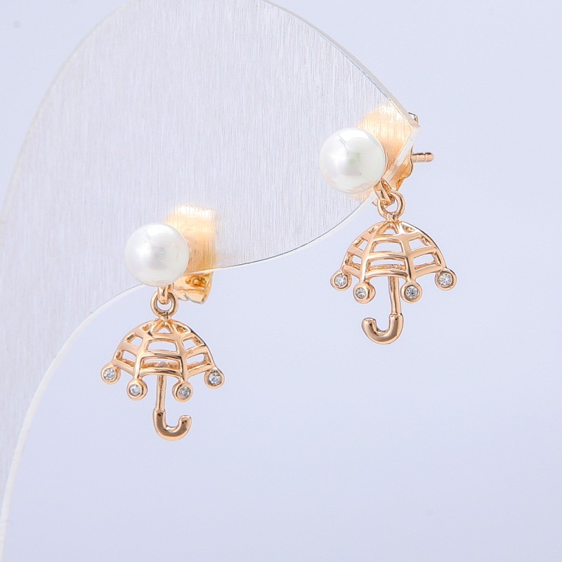 Xuping Umbrella Stud Earrings, 18K Gold Plated with White Rhinestones and a Bead, diameter 18x10mm +