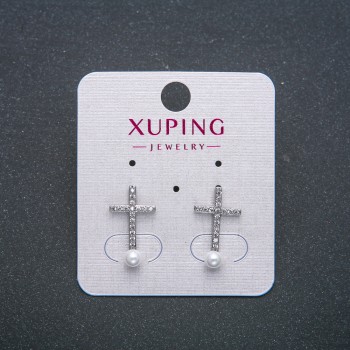 Xuping Cross Stud Earrings, Rhodium Plated with White Rhinestones and a Bead, diameter 18x10mm +