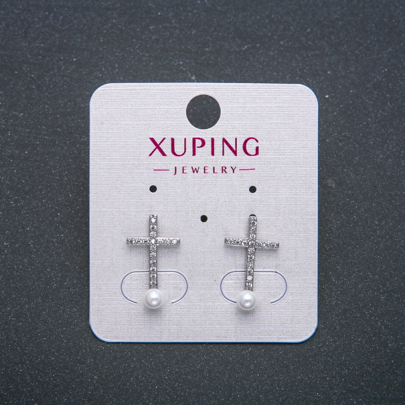 Xuping Cross Stud Earrings, Rhodium Plated with White Rhinestones and a Bead, diameter 18x10mm +