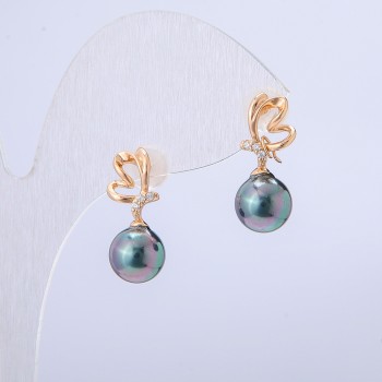 Xuping Earrings 18K Gold Plated with White Rhinestones and Black Iridescent Bead, diameter 19x8mm +
