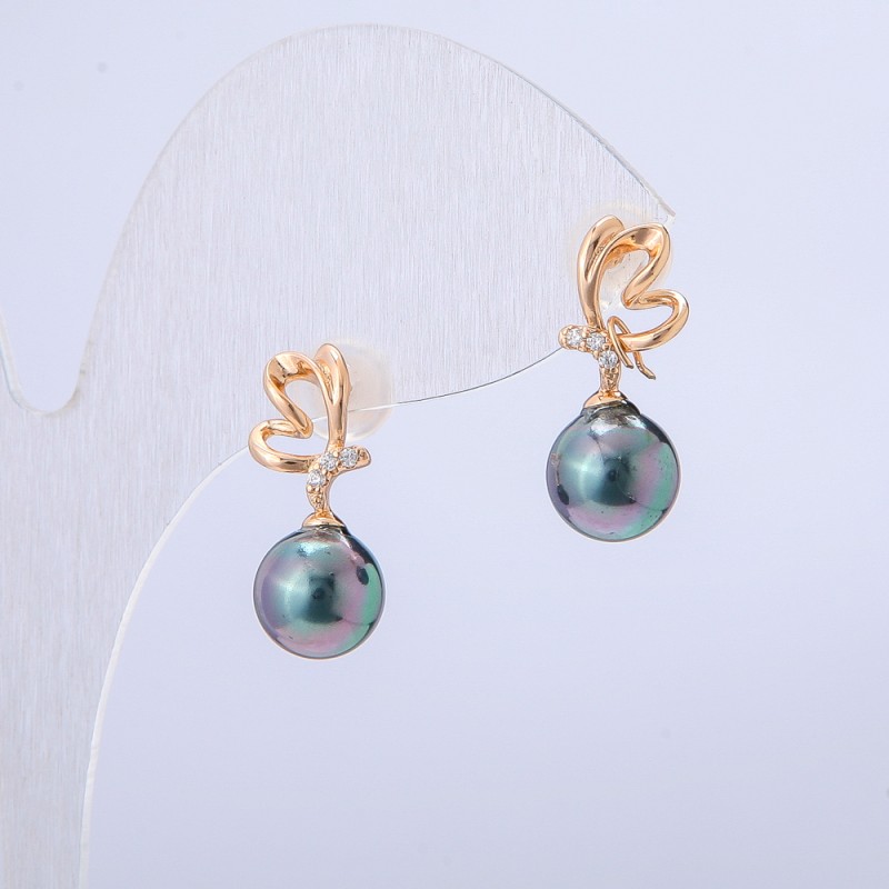 Xuping Earrings 18K Gold Plated with White Rhinestones and Black Iridescent Bead, diameter 19x8mm +
