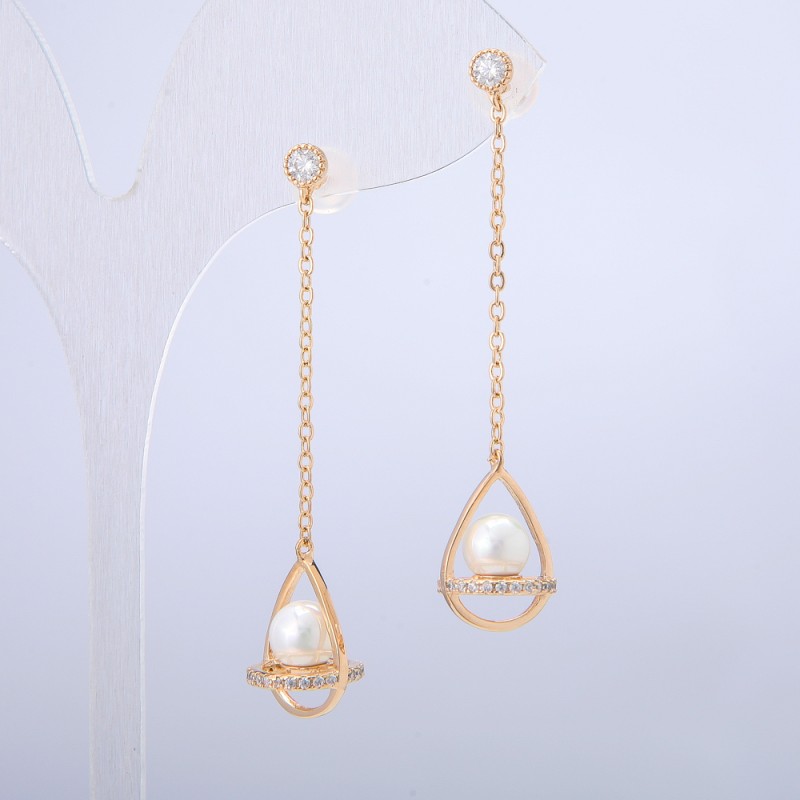 Xuping Stud Earrings 18K Gold Plated with White Rhinestones and Bead, diameter 10.5mm + -, length 50mm +