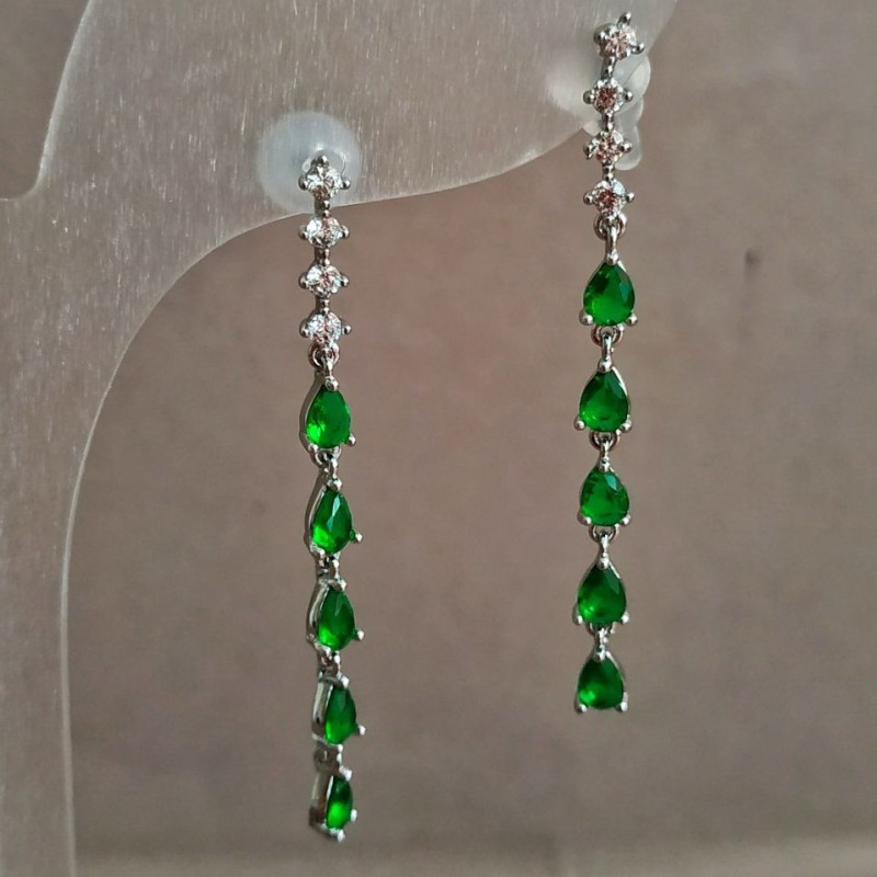 Xuping Stud Earrings, Rhodium with White Rhinestones and Green Crystals, 42mm length+