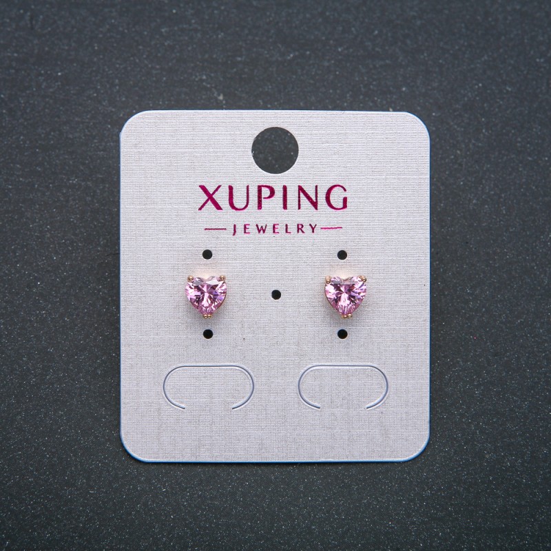 Xuping Heart Stud Earrings, 18K Gold Plated with Pink Crystal, 6mm Diameter +