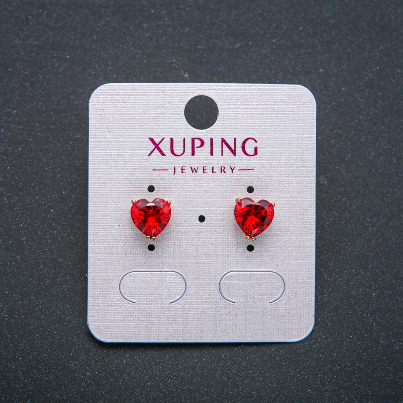 Xuping Heart Stud Earrings, 18K Gold-Plated with Red Crystal, 8mm diameter+