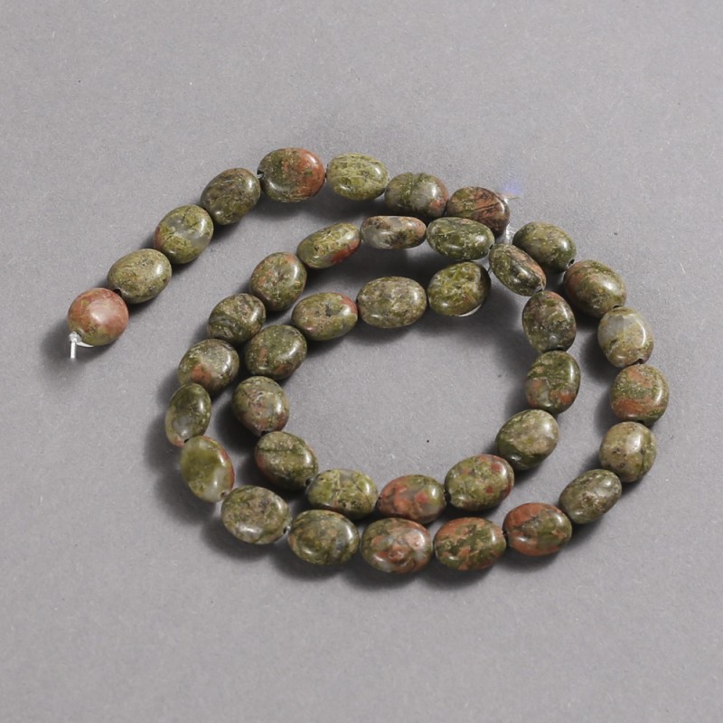 Beads on Thread Natural Stone Jasper Heliotrope Unakite Smooth Oval, diameter 10x8mm +/-, length 39cm +