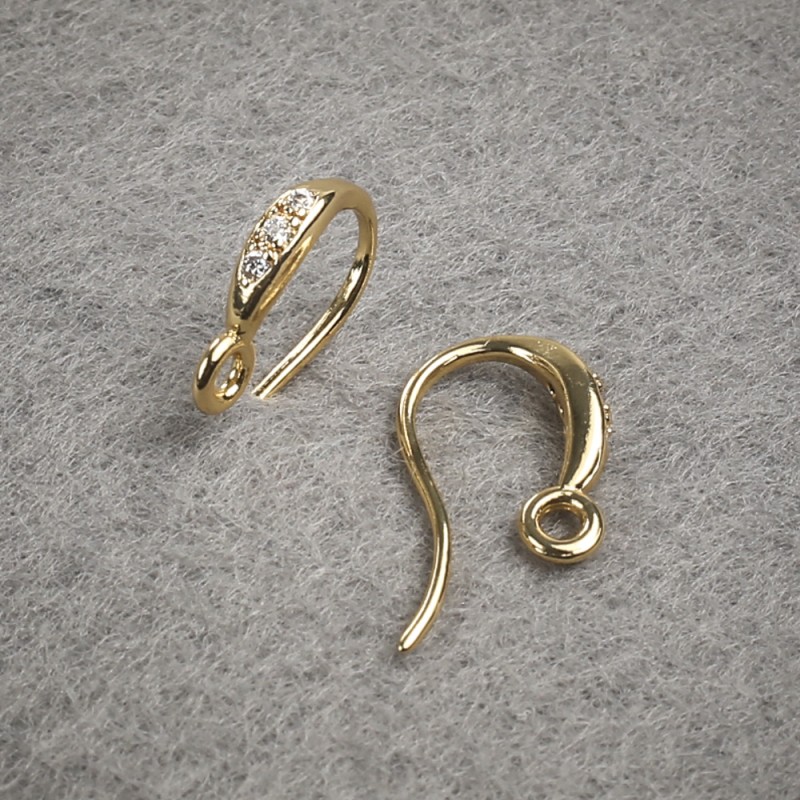 Earring Hooks with White Rhinestones, Yellow Metal 14x2.5mm pair