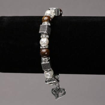 Elasticated Bracelet with River Pearls and Tiger's Eye, Silver-Tone Inserts, Rhinestones and Pendants, diameter 8mm+-, length 18cm+