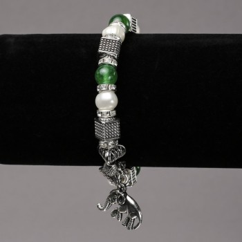 Elasticated Bracelet with River Pearls and Chrysoprase, Silver-Tone Inserts, Rhinestones and Pendants, diameter 8mm+-, length 18cm+