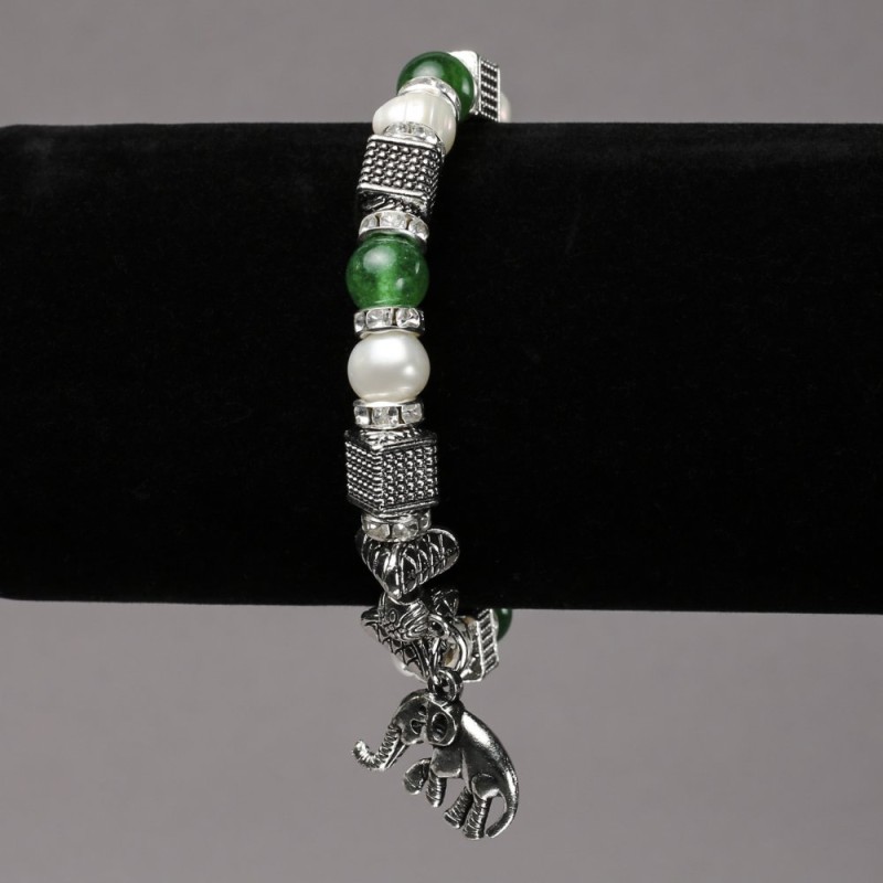Elasticated Bracelet with River Pearls and Chrysoprase, Silver-Tone Inserts, Rhinestones and Pendants, diameter 8mm+-, length 18cm+