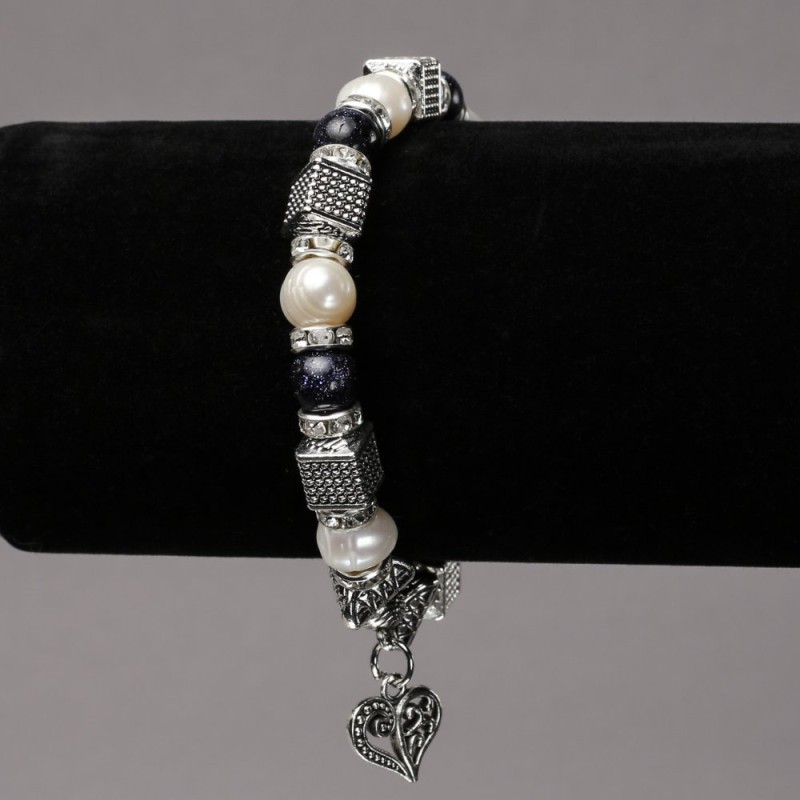Elasticated Bracelet with River Pearls and Blue Sand Aventurine, Silver-Tone Inserts, Rhinestones and Pendants, diameter 8mm+-, length