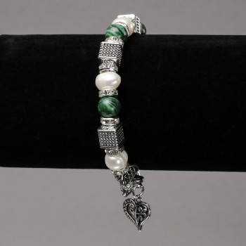 Elasticated Bracelet with River Pearls and Malachite, Silver-Tone Inserts, Rhinestones and Pendants, diameter 8mm+-, length 18cm+