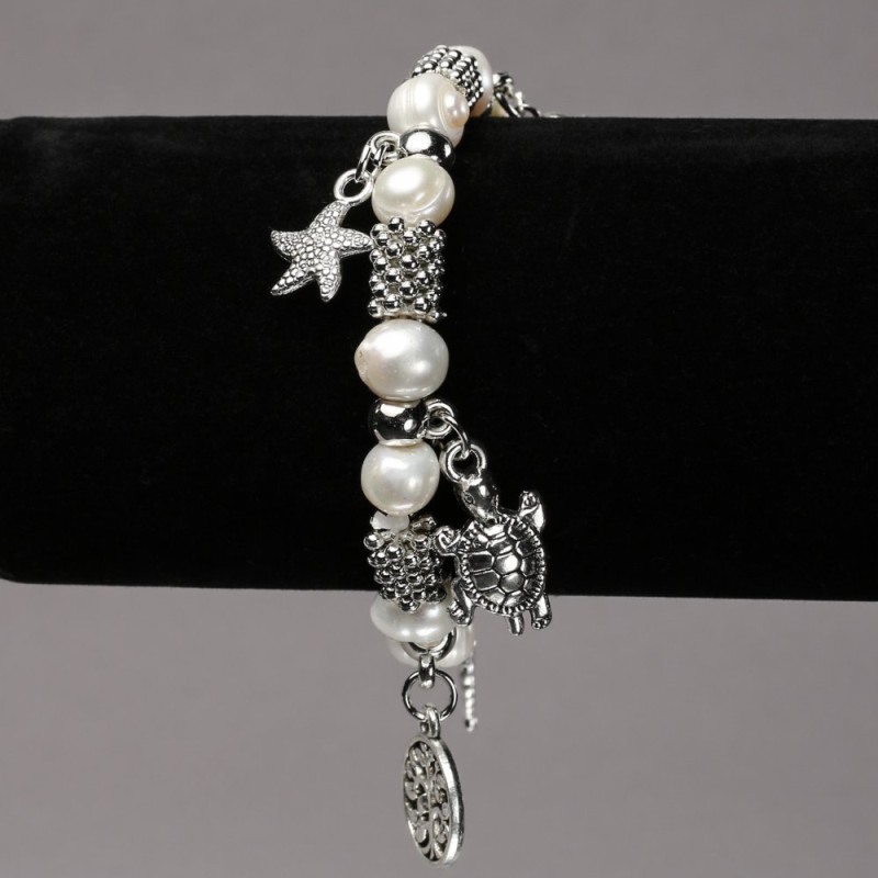Elasticated River Pearl Bracelet with Silver-Tone Inserts and Pendants, diameter 8-10mm+-, length 18cm+