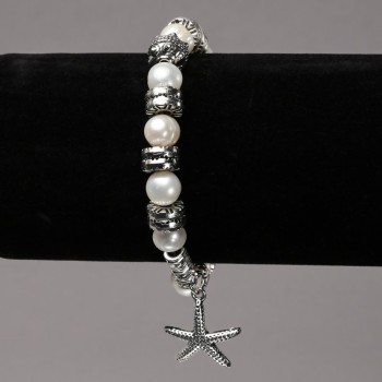 Elasticated River Pearl Bracelet with Silver-Tone Inserts and Pendants, diameter 8mm+-, length 18cm+