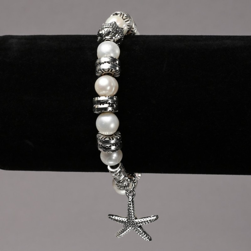 Elasticated River Pearl Bracelet with Silver-Tone Inserts and Pendants, diameter 8mm+-, length 18cm+