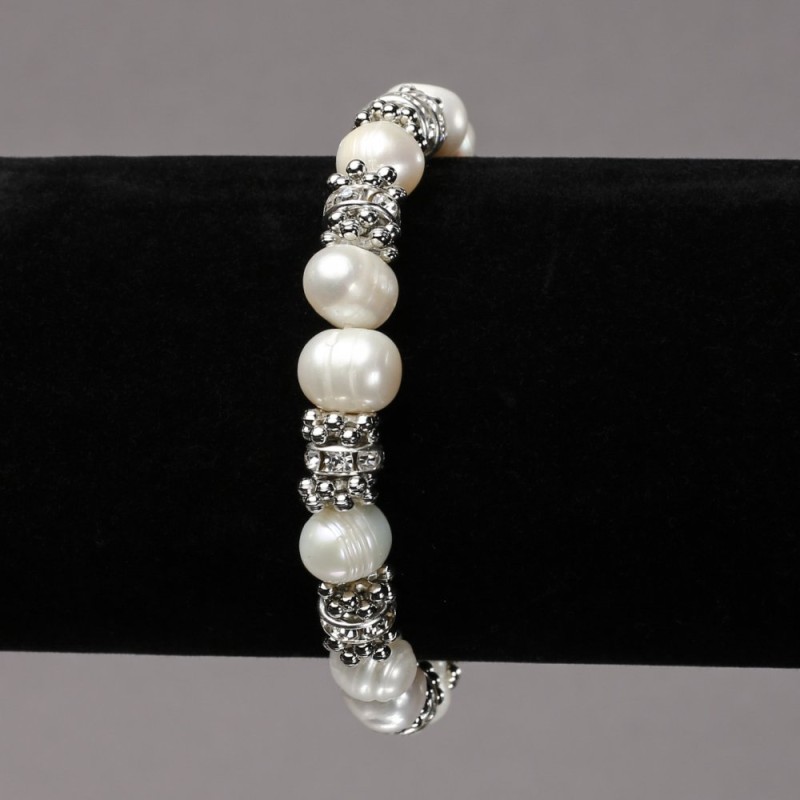 Elastic bracelet with freshwater pearls with silver inserts and crystals, diameter 8mm+-, length 18cm+-