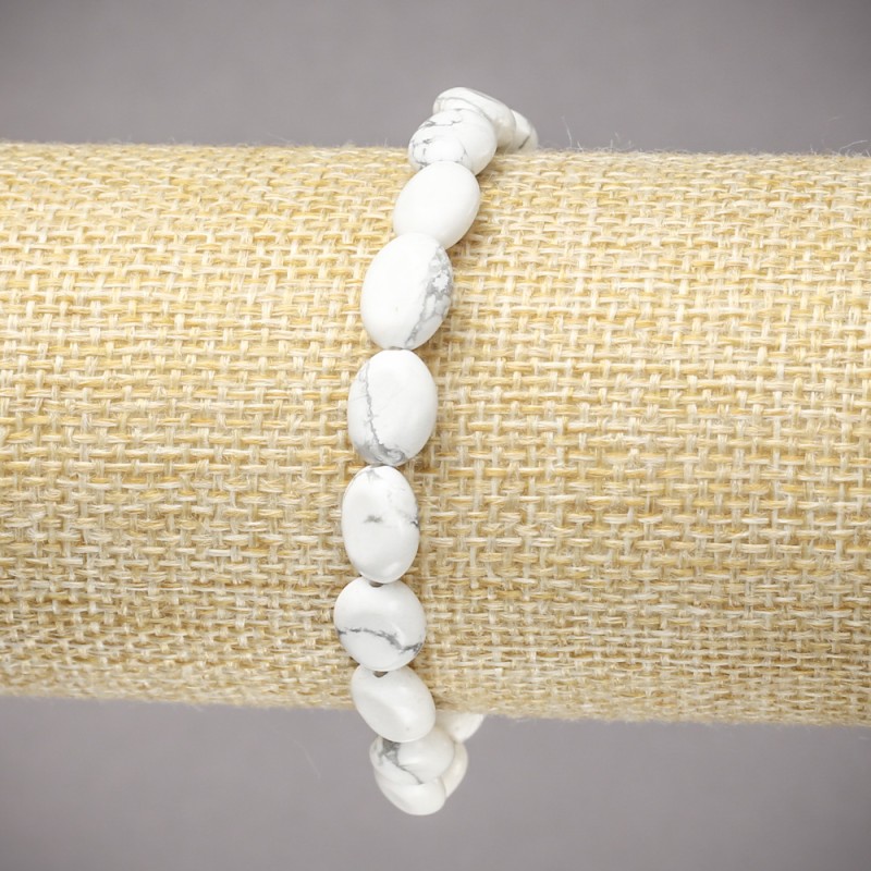 Elastic Bracelet, Natural Cacholong Stone, Smooth Oval Beads, Diameter 10x8mm+/-, Length 18cm+