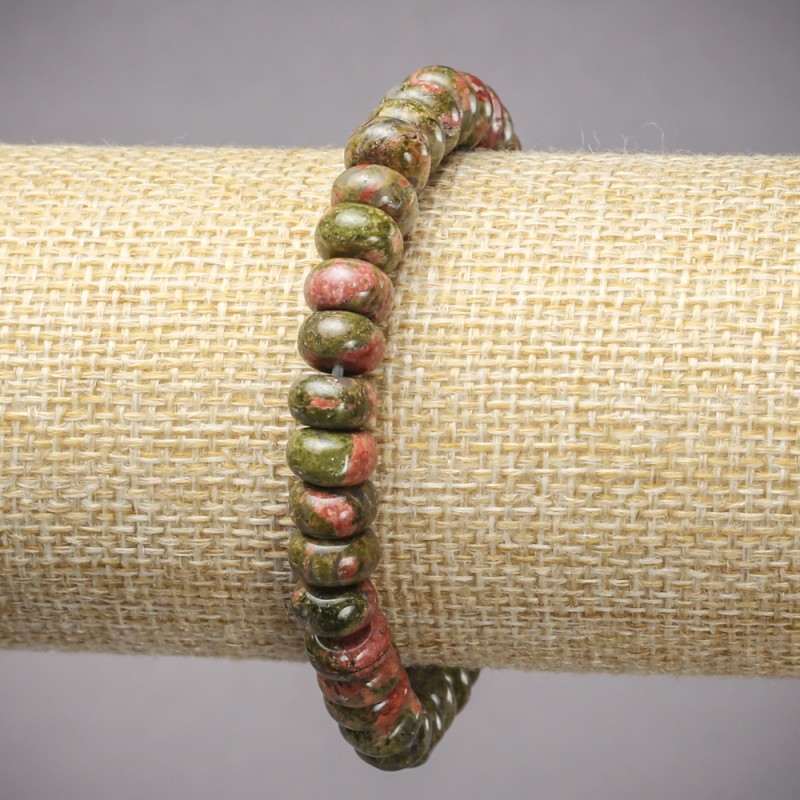 Bracelet on elastic band made of natural stone Jasper Heliotrope Unakite smooth rondelle, diameter 8x5mm+/-, length 18cm+