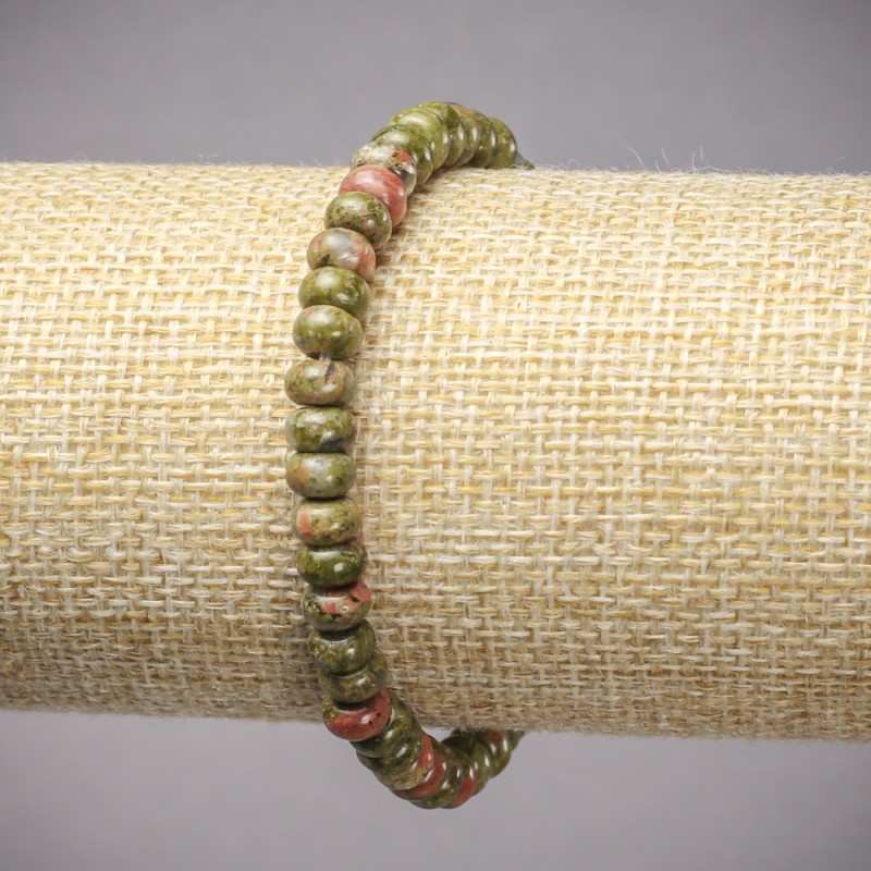 Bracelet on elastic band made of natural stone Jasper Heliotrope Unakite smooth rondelle, diameter 6x4mm+/-, length 18cm+