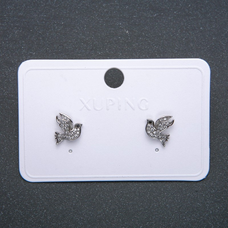 Xuping Birds Earrings, Stud Earrings, Rhodium with White Rhinestones, Diameter 12mm+