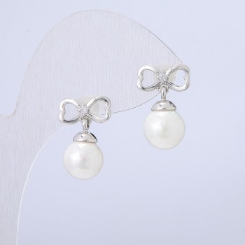Xuping Earrings, Stud Earrings, Rhodium with White Bead, Diameter 18x12mm+