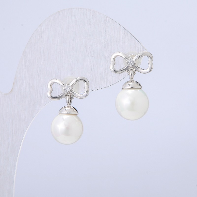 Xuping Earrings, Stud Earrings, Rhodium with White Bead, Diameter 18x12mm+