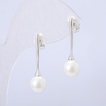 Xuping Earrings, Stud Earrings, Rhodium with White Bead, Length 28mm+