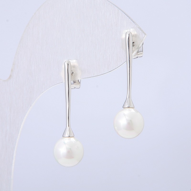 Xuping Earrings, Stud Earrings, Rhodium with White Bead, Length 28mm+