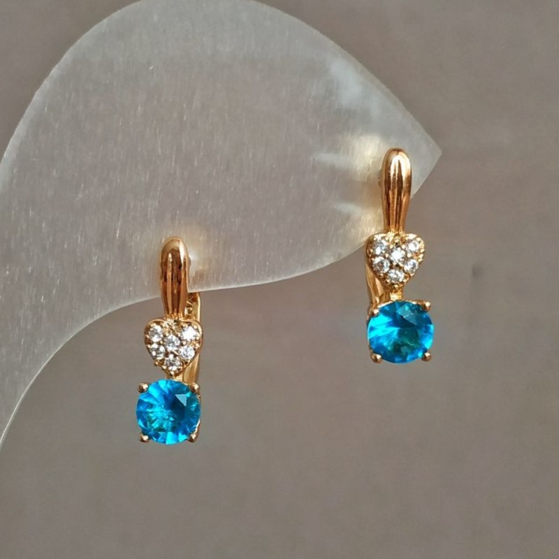Xuping Earrings 18K Gold Plated with White Rhinestones and Blue Crystal, 16x5mm diameter +