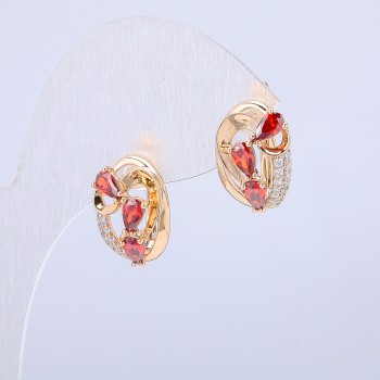 Xuping Earrings 18K Gold Plated with White Rhinestones and Red Crystals, 15x12mm diameter +