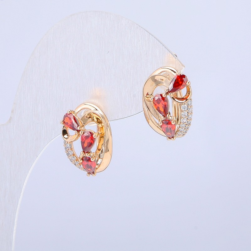 Xuping Earrings 18K Gold Plated with White Rhinestones and Red Crystals, 15x12mm diameter +
