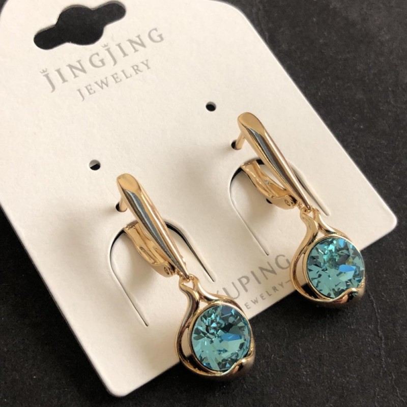 Xuping Earrings 18K Gold Plated with Light Blue Crystals, 10x26mm diameter +