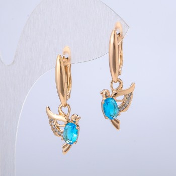 Xuping Bird Earrings 18K Gold Plated with White Rhinestones and Light Blue Crystals, 32x12mm diameter +