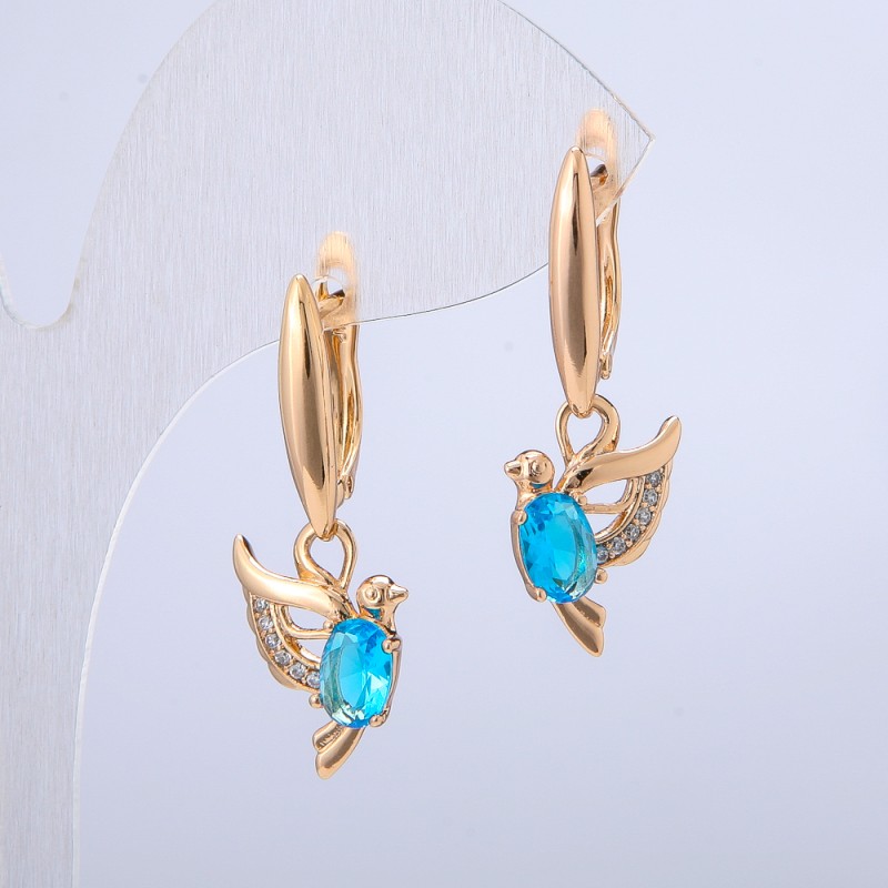Xuping Bird Earrings 18K Gold Plated with White Rhinestones and Light Blue Crystals, 32x12mm diameter +