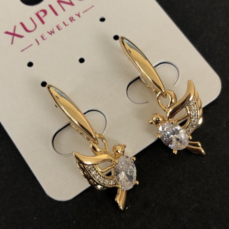 Xuping Bird Earrings 18K Gold Plated with White Rhinestones and Crystals, 32x12mm diameter +