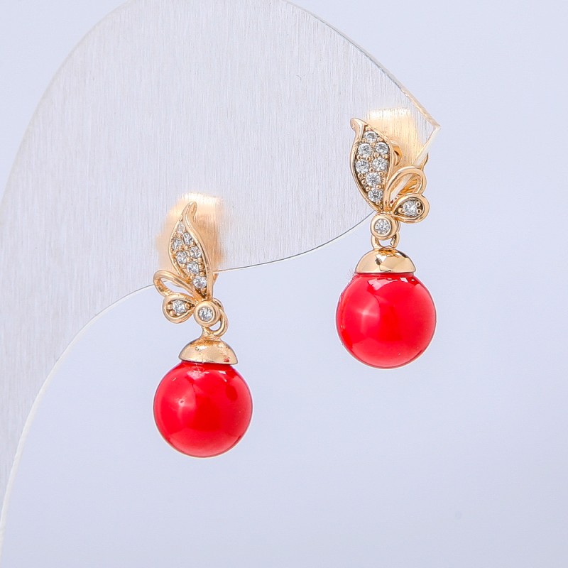 Xuping Stud Earrings 18K Gold Plated with White Rhinestones and Red Bead, 20x8mm diameter +