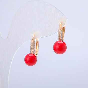 Xuping Earrings 18K Gold Plated with White Rhinestones and Red Bead, 17x7mm diameter +