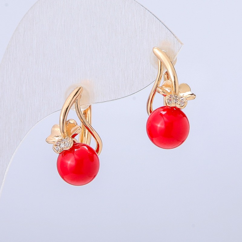 Xuping Earrings 18K Gold Plated with White Rhinestones and Red Bead, 19x8mm diameter +