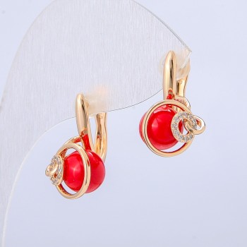 Xuping Earrings 18K Gold Plated with White Rhinestones and Red Bead, 18x10mm diameter +
